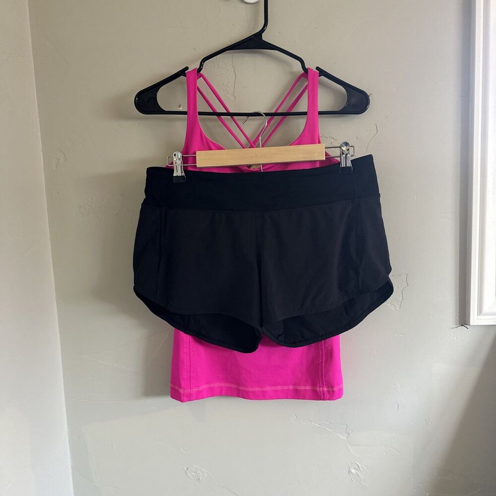 Lululemon Size 8 Free To Be Tank Speed Up Shorts Pink Black 2 Pieces Raspberry